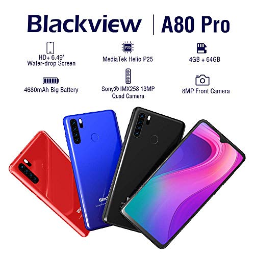 Blackview A80 Pro Moviles Libres con Pantalla 6.49” HD+ Waterdrop Screen,13MP+8MP+0.3MP+0.3MP,4GB+64GB(SD 256GB),Batería 4680mAh,4G Android 9.0 Telefono Movil,Face ID/GPS-Negro