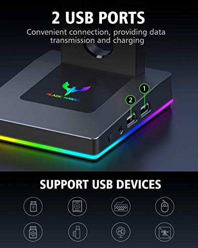 Blade Hawks RGB con AUX de 3,5 mm y 2 Cargador USB Soporte para Auriculares de Escritorio, válido para Auriculares Sony, Audio-Technica, Bose, Beats, AKG para Juego y Pantalla