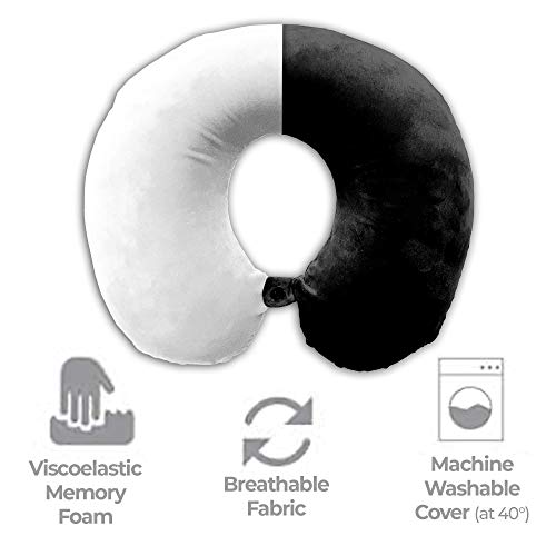 Bloc London - Almohada de Viaje de Espuma viscoelástica para el Cuello Terciopelo súper Suave con Espuma Firme. Ideal para el Trabajo, el hogar o los Viajes. Se Puede Lavar a máquina, Negro, Medium