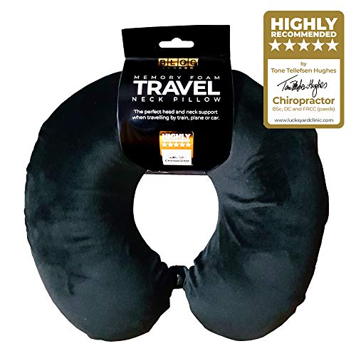 Bloc London - Almohada de Viaje de Espuma viscoelástica para el Cuello Terciopelo súper Suave con Espuma Firme. Ideal para el Trabajo, el hogar o los Viajes. Se Puede Lavar a máquina, Negro, Medium