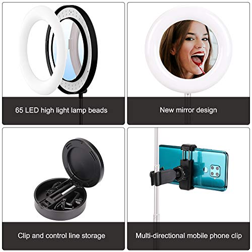 BLOOMWIN Luz de Anillo LED Regulable 6” con Espejo de Maquillaje Soporte para Móvil de Mesa Altura Ajustable con 3 Modos Profesional Plegable USB para Youtube Disparo Selfie Video Maquillaje Tiktok