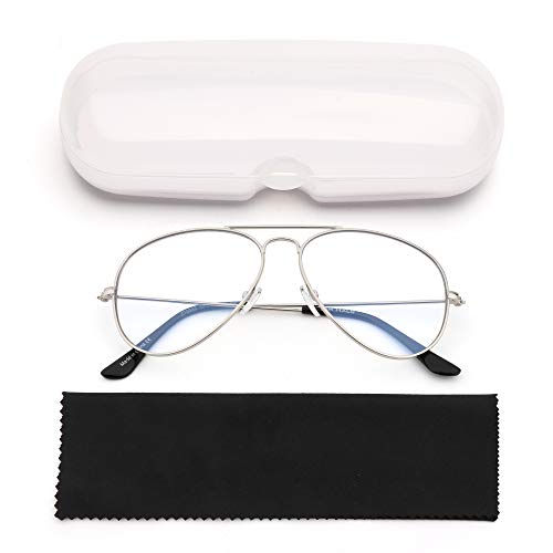 Bloqueo de Luz Azul Gafas de Lectura Ordenador,Estilo de Retro Aviador Reducir Fatiga Visual Anti Deslumbramiento Lente Claro Vídeo Anteojos Hombre Mujer(Plateado/Claro)