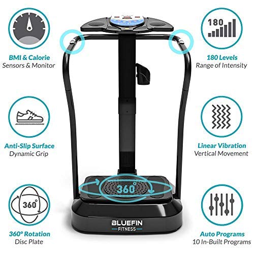 Bluefin Fitness Plataforma Vibratoria | Modelo Pro | Diseño Mejorado con Motores Silenciosos y Altavoces Incorporados (Negro)