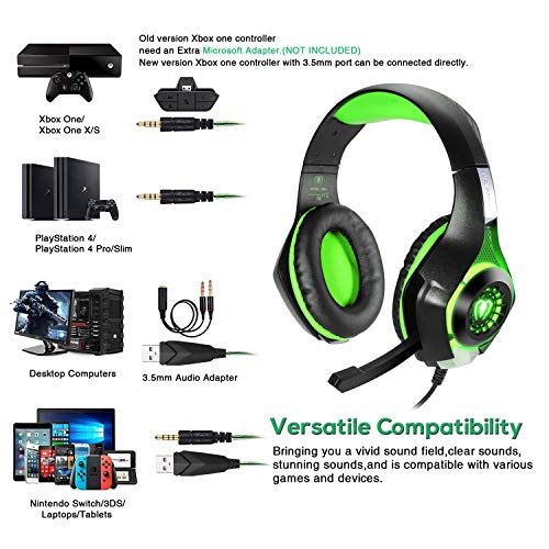 BlueFire Cascos Gaming, Auriculares Gaming PS4 con Micrófono Mac Estéreo Juego Gaming Jack 3,5mm LED Bajo Ruido Compatible con PC/Xbox One/Móvil (Verde)