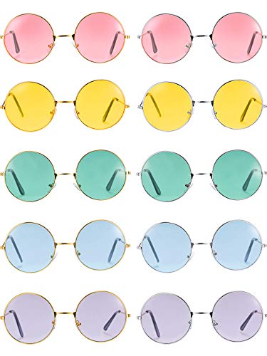 Blulu 10 Pares de Gafas de Sol de Hippies Redondas John de los Años de 1960 Gafas de Colores (Marco Dorado Plateado)