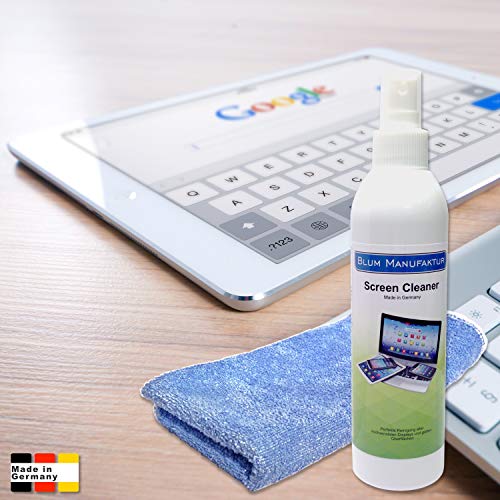 Blum - 250ml Limpiador de Pantalla + paño de Microfibra 30x30 cm. Limpieza Todas Las Pantallas y displays. Sin Rayas y sin estrías.