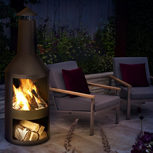 Blumfeldt Westeros Chimenea de jardín - Estufa para terraza, Brasero a leña, Estable construcción, Camara de Fuego Visible, Diseño rústico, Techo para Humo y protección, Negro