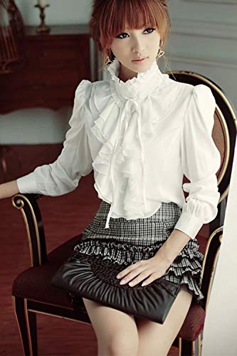 Blusas con Volantes De Loto De Manga Larga Lolita Victoriana Vintage para Mujer Beige XS