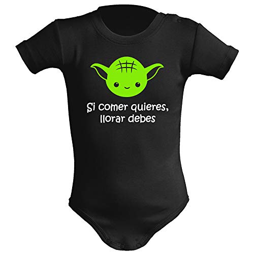 Body bebé unisex. Si comer quieres, llorar debes. Parodia. Bebé friki. Regalo original. Body bebé divertido. Body friki. Manga corta. (6 meses, Negro y verde)