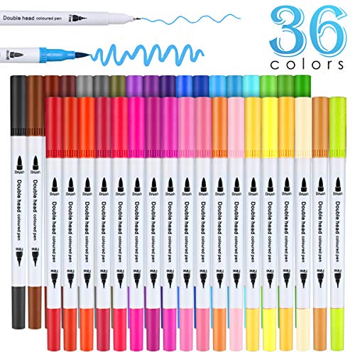 BOIROS Rotulador de Doble Punta, Rotuladores Pincel Lettering, 36 Colores Rotuladores Acuarela Marcadores de Punta Doble Rotuladores Punta Fina Rotuladores Permanentes de Colores para Arte Dibujo