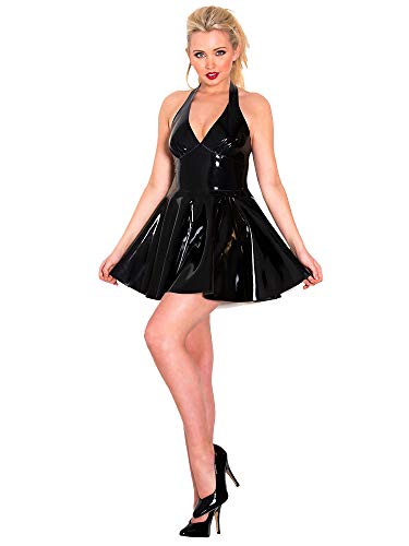 BOITCERID Vestido de Cuero con Cuello en V y Espalda ahumada con Cuello en V y PVC de Wet Look para Mujer,Negro,XL