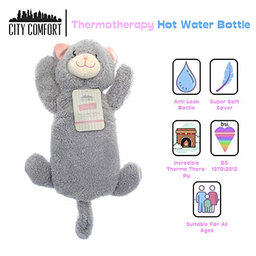 Bolsa de agua caliente con unicornio Pug Pingüino Mono Felpa Cubierta súper blanda Goma natural de primera calidad Bolsa de agua caliente de 1 litro: ayuda a brindar calidez y comodidad (gato gris)