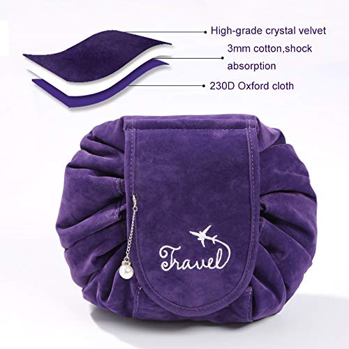 Bolsa de Cosméticos, ONEGenug Bolsas de Aseo Bolsa de Maquillaje, Organizador de un Solo Paso con Diseño de Cordón, Bolsa de Cosméticos para Señoras Perezosas (Morado)