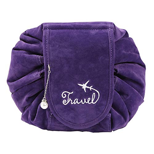 Bolsa de Cosméticos, ONEGenug Bolsas de Aseo Bolsa de Maquillaje, Organizador de un Solo Paso con Diseño de Cordón, Bolsa de Cosméticos para Señoras Perezosas (Morado)