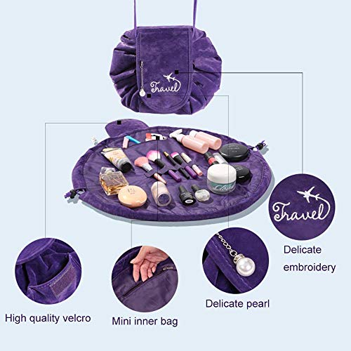 Bolsa de Cosméticos, ONEGenug Bolsas de Aseo Bolsa de Maquillaje, Organizador de un Solo Paso con Diseño de Cordón, Bolsa de Cosméticos para Señoras Perezosas (Morado)