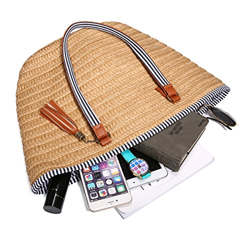 Bolsa de Playa de Paja, JOSEKO Bolsos de Verano Bolsa de Hombro Totalizador con Asas de Cuero borlas Bolso de Mujer Adecuado para Viajes de Vacaciones Compras Playas y Uso Diario