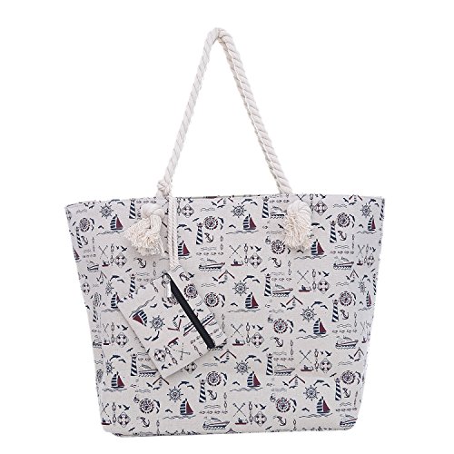 Bolsa de Playa Grande con Cremallera 58 x 38 x 18 cm diseño marítimo Color Natural Shopper Bolsa de Hombro Estilo de yate (Yacht Style)