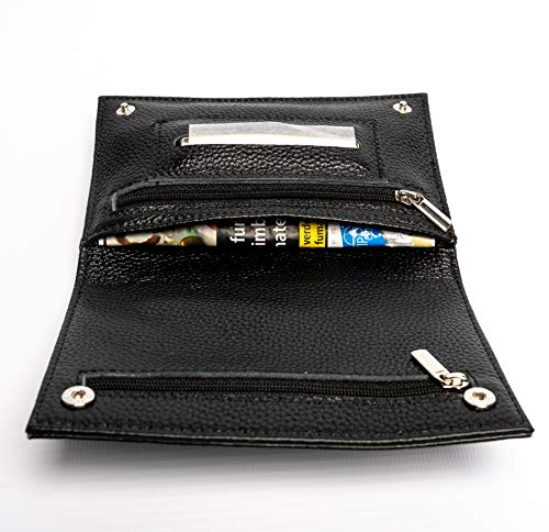 Bolsa de tabaco de cuero genuino con el logotipo de London Haze en relieve, negro. Idea de regalo para fumadores. Black leather tobacco pouch