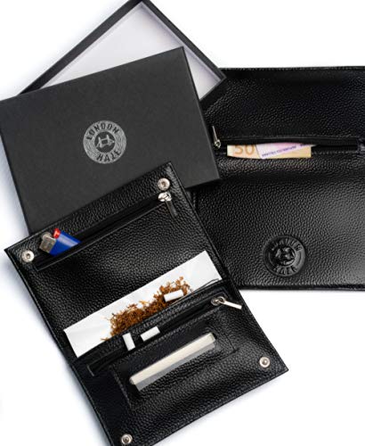 Bolsa de tabaco de cuero genuino con el logotipo de London Haze en relieve, negro. Idea de regalo para fumadores. Black leather tobacco pouch