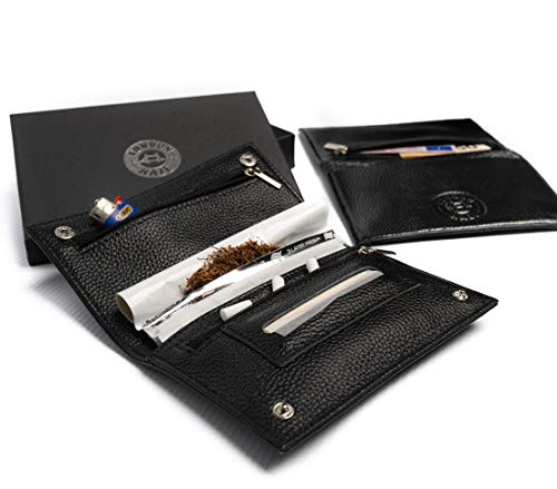 Bolsa de tabaco de cuero genuino con el logotipo de London Haze en relieve, negro. Idea de regalo para fumadores. Black leather tobacco pouch