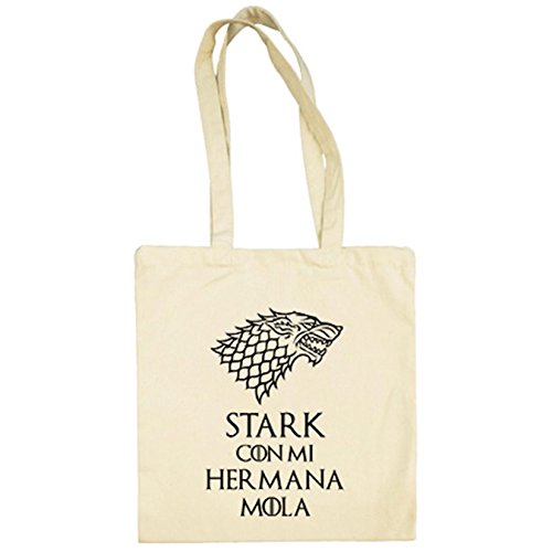 Bolsa de tela frase divertida ilustración Stark con mi hermana mola - Beige, 38 x 42 cm