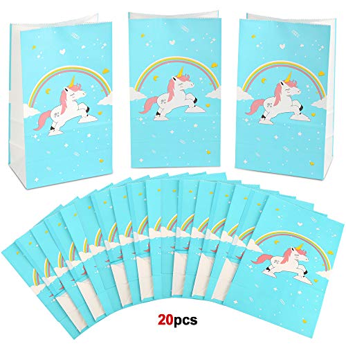 Bolsas de regalo de unicornio, 20 bolsas de papel de arco iris azul unicornio+40 pegatinas de agradecimiento de unicornio mágico, Bolsas de regalo de cumpleaños de unicornio para niños