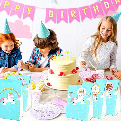 Bolsas de regalo de unicornio, 20 bolsas de papel de arco iris azul unicornio+40 pegatinas de agradecimiento de unicornio mágico, Bolsas de regalo de cumpleaños de unicornio para niños