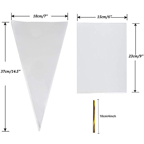 Bolsas transparentes de celofán, Simuer 200 piezas Clara bolsas de cono Bolsas de lástico OPP con Assorted Twist Ties para Candy Chocolate Cookie.