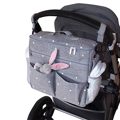 Bolso cambiador para carrito de bebé. Organizador con interior térmico, ganchos y correa universal. Compacto y moderno. Gris/estrellas.