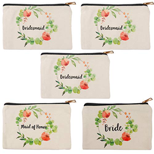 Bolso Cosmetico Despedida de Soltera (Pack de 5) - (18,4x 12,6cm) Bolsa Aseo de Tela para Regalos de Boda, Regalos de Fiestas, Accesorio Tribu Novia - Bolso Neceser