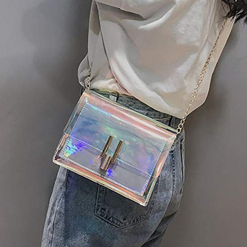 Bolso de hombro, bolso de mensajero de arco iris transparente láser de moda coreana para mujer Bolso de cadena impermeable de PVC Bolso de playa Bolso de mensajero Bag Plata）