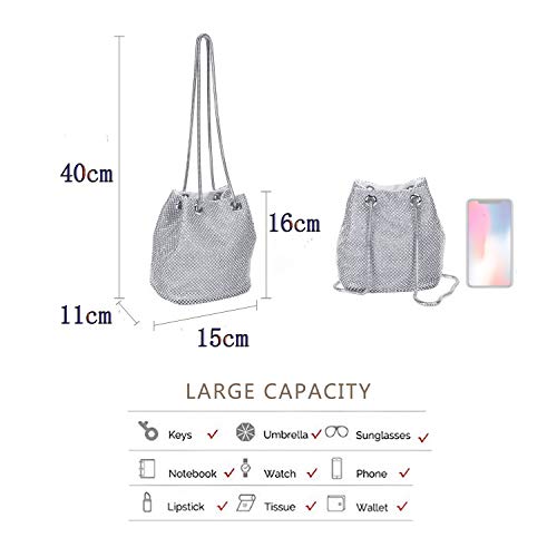 Bolso de Noche Bolso de Hombro Mujer Glitter Diamond Embrague Bolsos de Hechos a Mano Cadena de Encogimiento para Boda/Fiesta/Baile-Plateado