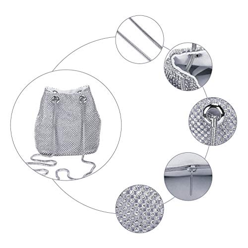 Bolso de Noche Bolso de Hombro Mujer Glitter Diamond Embrague Bolsos de Hechos a Mano Cadena de Encogimiento para Boda/Fiesta/Baile-Plateado