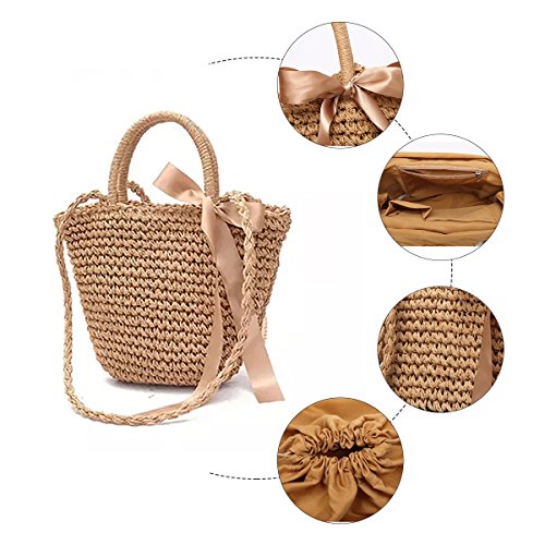 Bolso de Playa de Paja, JOSEKO Bolso de Punto para Mujer Bolso de Mimbre Bolso con manijas de Cuero Adecuado para Compras navideñas Compras Playas y Uso Diario Informal