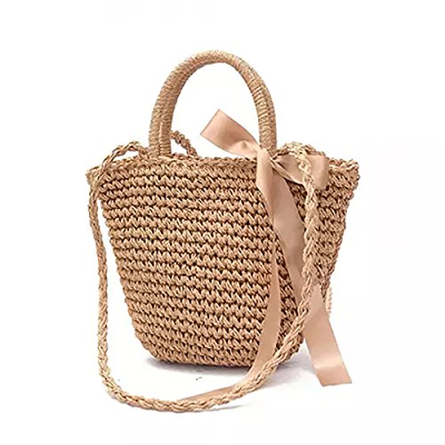 Bolso de Playa de Paja, JOSEKO Bolso de Punto para Mujer Bolso de Mimbre Bolso con manijas de Cuero Adecuado para Compras navideñas Compras Playas y Uso Diario Informal
