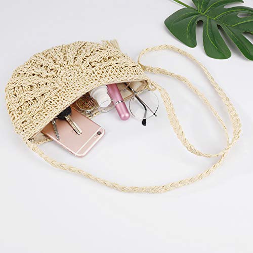 Bolso de Playa de Paja Mujeres al Aire Libre Playa Mano Hechas Bolsa de Crossbody Estilo boho Summer Beach Purse para Viajar Fecha Vacaciones y Uso Diario Beige
