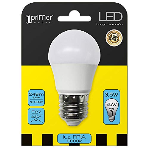Bombilla LED Esférica E27 3W Equi.25W 249lm 6000K 15000H 1Primer Low Cost