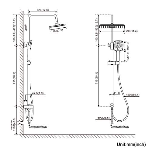 BONADE Columna de Duchas Conjunto de Ducha sin Grifo Sistema de Ducha para Baño con Ducha de Lluvia Rectángulo y 3 Funciones Ducha de Mano, Barra de Ducha Ajustable, Agua Fría y Caliente