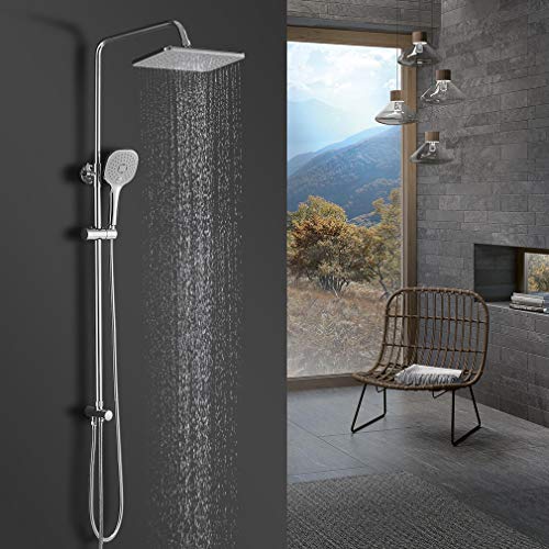 BONADE Columna de Duchas Conjunto de Ducha sin Grifo Sistema de Ducha para Baño con Ducha de Lluvia Rectángulo y 3 Funciones Ducha de Mano, Barra de Ducha Ajustable, Agua Fría y Caliente