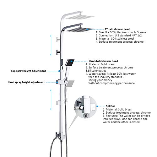 BONADE Cuadrado Columna de Duchas Conjunto de Ducha sin Grifo, Plateado Sistema de Ducha SUS304 Acero inoxidable Ducha de Lluvia y Ducha de Mano Barra Adjustable, Agua Fría y Caliente