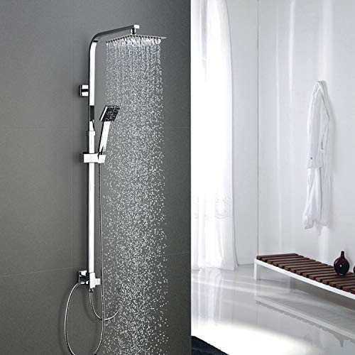 BONADE Cuadrado Columna de Duchas Conjunto de Ducha sin Grifo, Plateado Sistema de Ducha SUS304 Acero inoxidable Ducha de Lluvia y Ducha de Mano Barra Adjustable, Agua Fría y Caliente