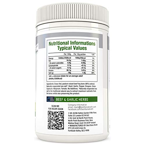 Bone Broth Caldo concentrado de hueso bovino con hierbas al ajo - Rico en Colágeno para mejorar la salud del intestino, la firmeza de la piel y la salud del cabello -Alimentados con hierba - 260g