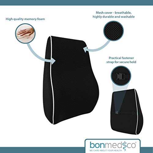 Bonmedico Almohada Ergonómica para Espalda de Espuma de Memoria, Almohada de Espalda para Posición Cómoda en Vida Diaria, Almohada Lumbar para el Hogar y Oficina, Negra, Pequeña