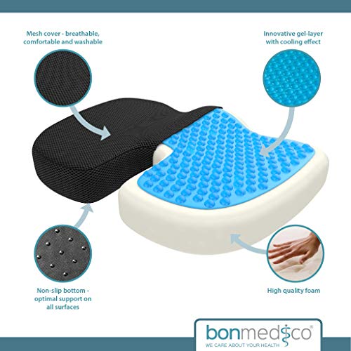 Bonmedico Cojín de Asiento Ortopédico con Capa de Gel, Espuma de Memoria para Alivio del Dolor de Coxis, Presión, Úlceras, etc. para el Coche, Oficina o Silla de Ruedas, Grande