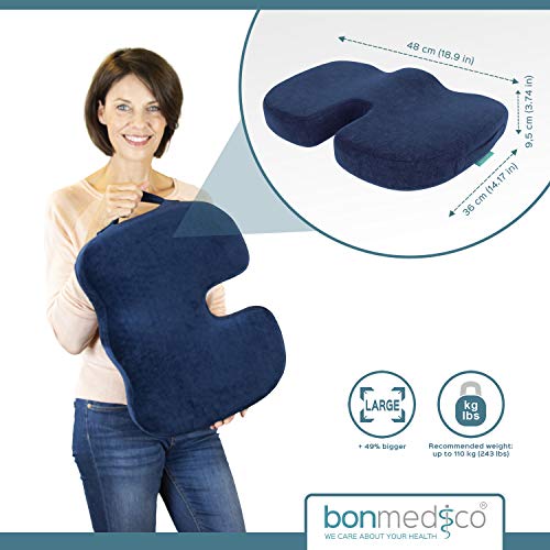 Bonmedico Cojín de Asiento Ortopédico con Gel, Cojín Espuma de Memoria para Alivio del Dolor de Coxis, Presión, Úlceras, etc. para el Coche, Oficina o Silla de Ruedas, Grande