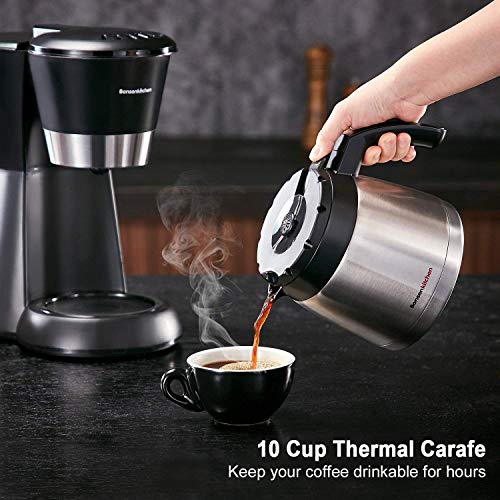 Bonsenkitchen Cafetera Goteo con Jarra de Vacío de Acero Inoxidable, 10 Tazas, 800w, Cafeteras Electricas con Indicador de Nivel de Agua, Cafetera de Filtro Negro (CM8761)