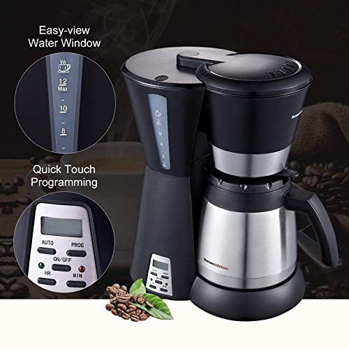 Bonsenkitchen Cafetera Goteo con Jarra de Vacío de Acero Inoxidable, 10 Tazas, 800w, Cafeteras Electricas con Indicador de Nivel de Agua, Cafetera de Filtro Negro (CM8761)