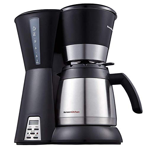Bonsenkitchen Cafetera Goteo con Jarra de Vacío de Acero Inoxidable, 10 Tazas, 800w, Cafeteras Electricas con Indicador de Nivel de Agua, Cafetera de Filtro Negro (CM8761)