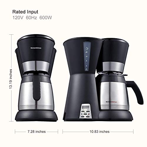 Bonsenkitchen Cafetera Goteo con Jarra de Vacío de Acero Inoxidable, 10 Tazas, 800w, Cafeteras Electricas con Indicador de Nivel de Agua, Cafetera de Filtro Negro (CM8761)