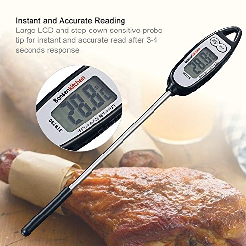 Bonsenkitchen Termómetro Digital de Cocina para Carne Barbacoa Comida Liquidos Aceite, Termometro Alimentos con Pantalla LCD para Lectura Instantánea, Sonda Larga,°C/°F Conmutable,Negro ST8730